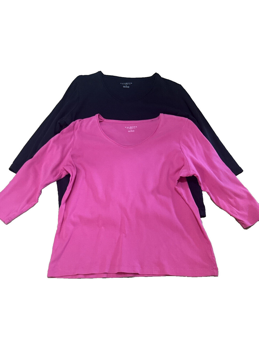 Talbots Size Woman X lot of Two Knit Tops 3/4 Sleeve Round Neck 100% Cotton